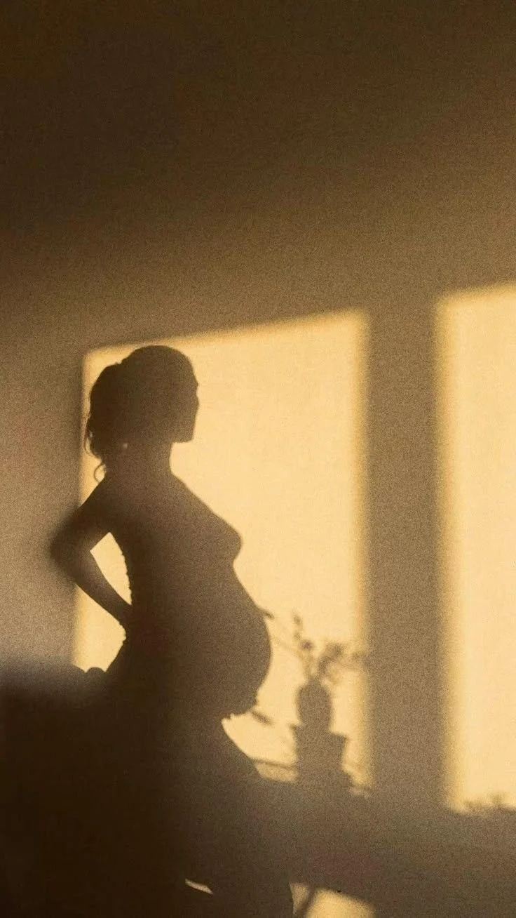Silhouette of a pregnant person in soft window light