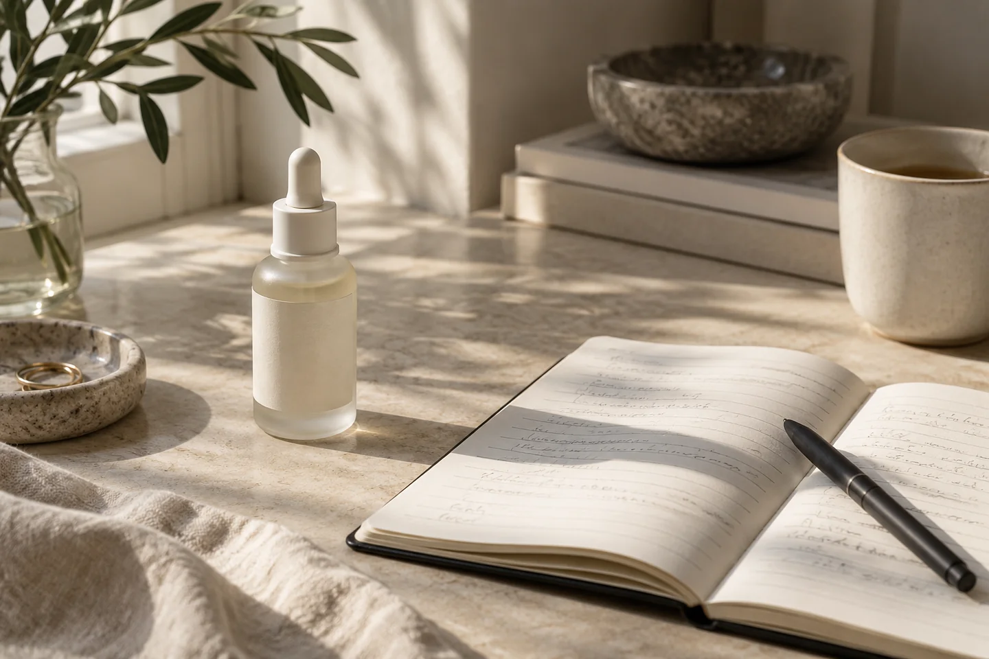 Editorial illustration of an unbranded skincare bottle beside a notebook and pen