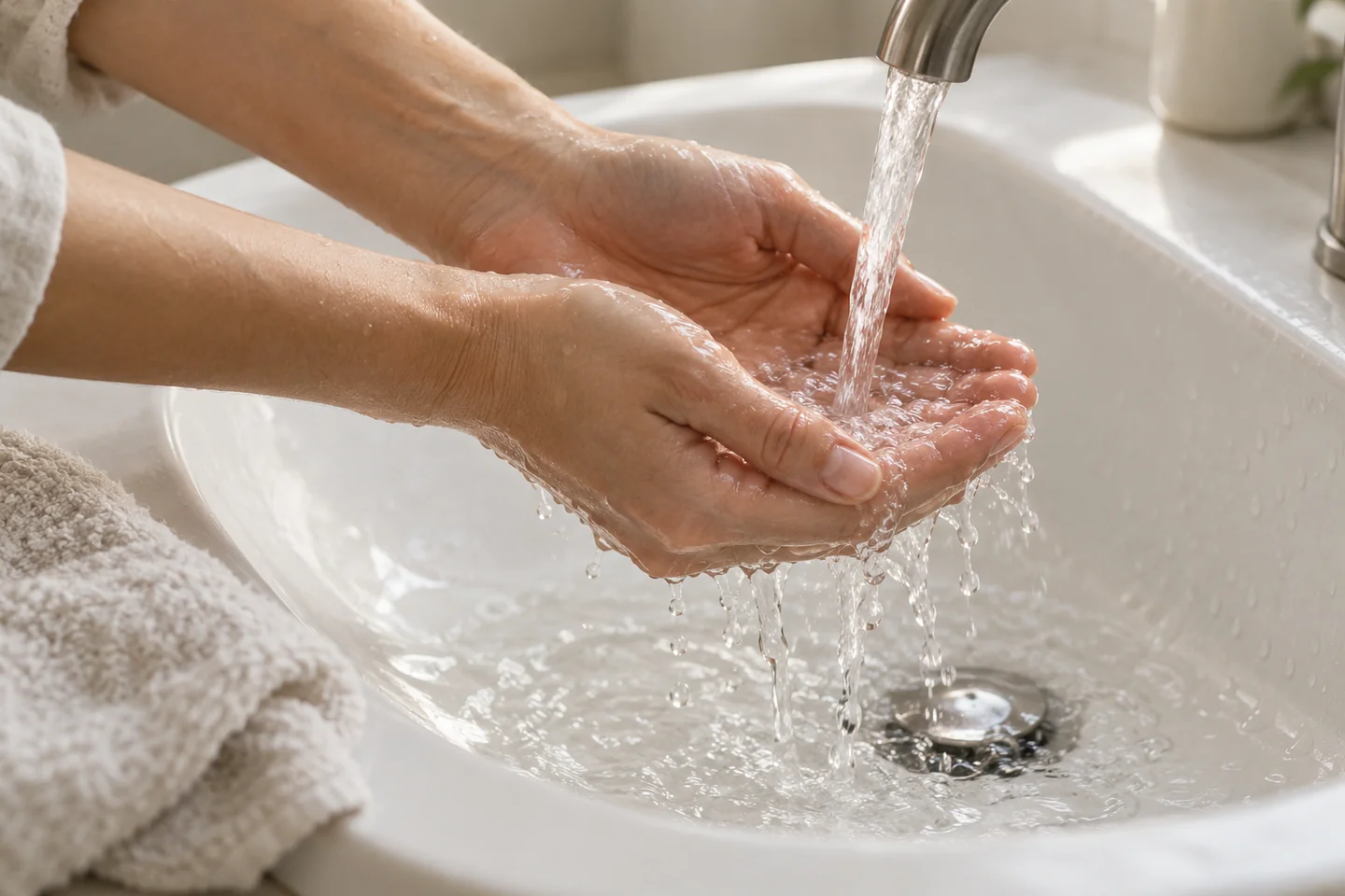 Editorial illustration of hands rinsing under clear running water at a ceramic basin