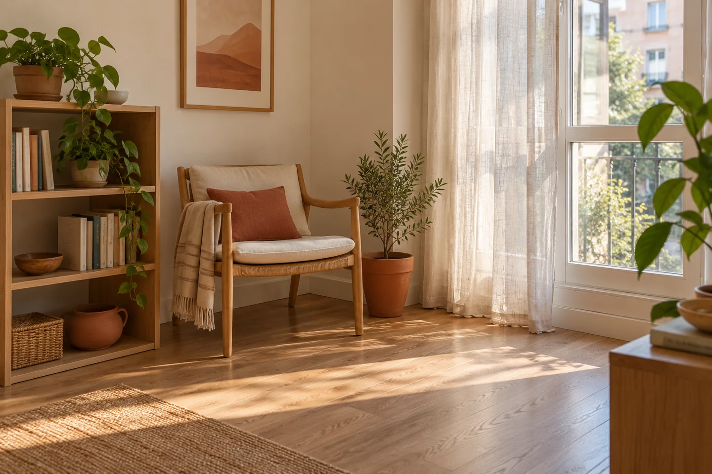 Editorial illustration of a small reading corner with an oak chair, bookshelf, and clear floor space
