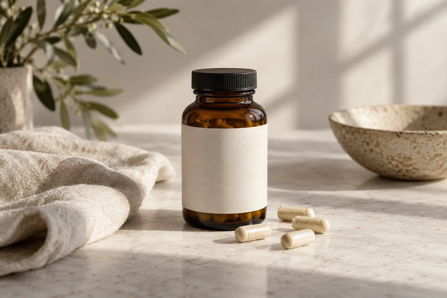Editorial illustration of an unbranded amber supplement bottle and capsules on a pale tabletop