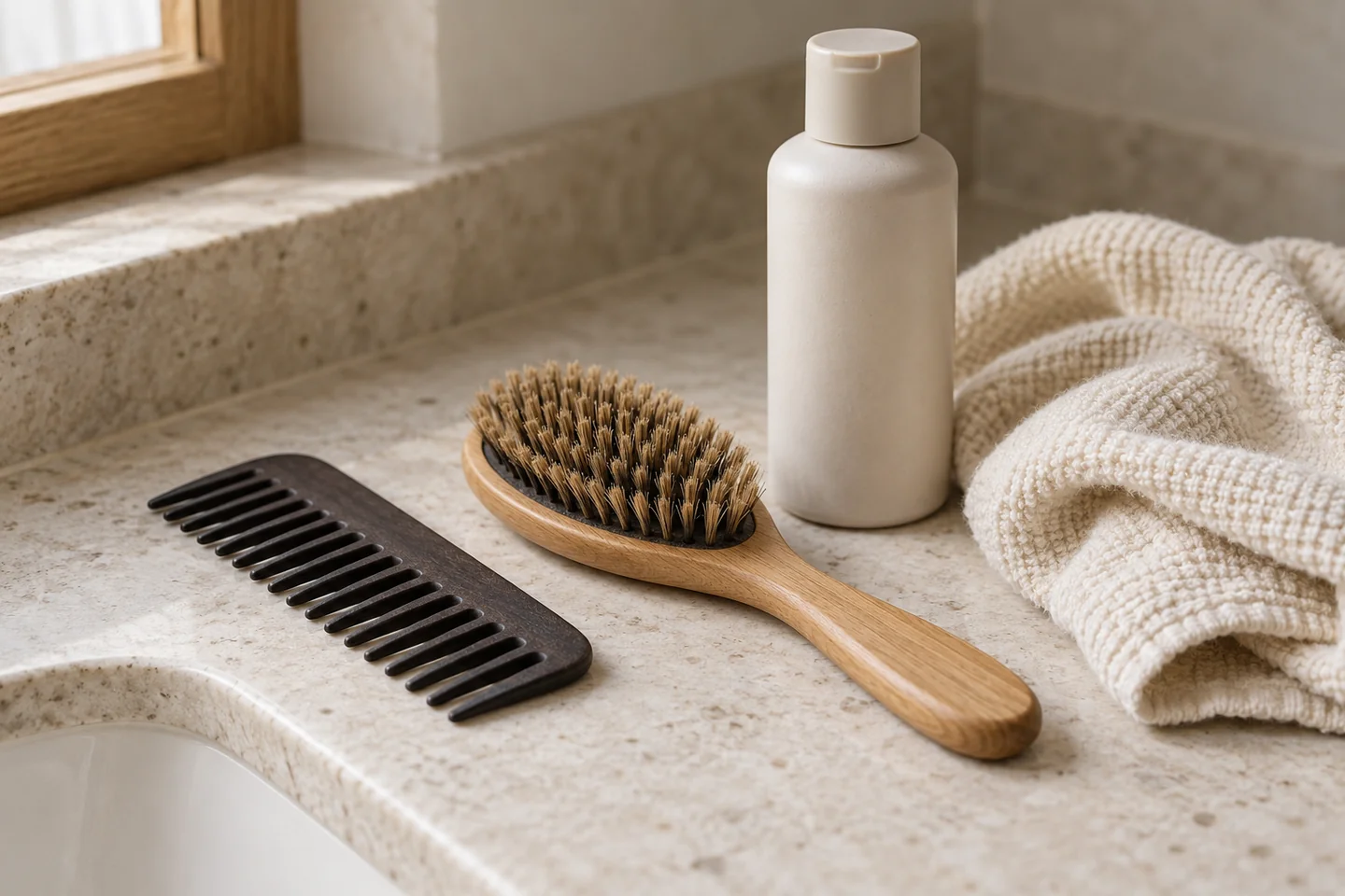 Editorial illustration of a wide-tooth comb, wooden hairbrush, shampoo bottle, and towel