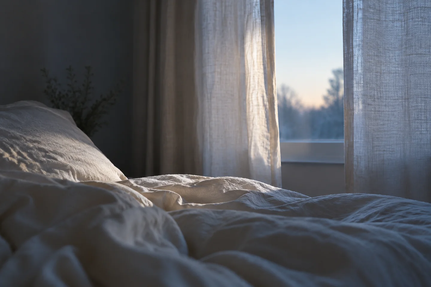 Editorial illustration of dawn light through linen curtains beside an unmade bed
